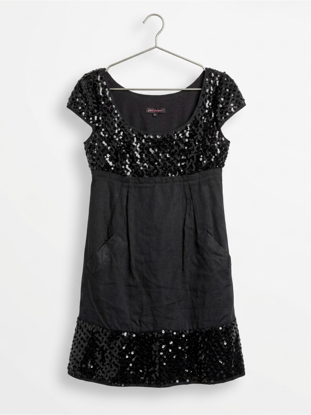VINTAGE BETSY JOHSON DRESS BABYDOLL Y2K SEQUINS BLACK POCKETS SIZE 10